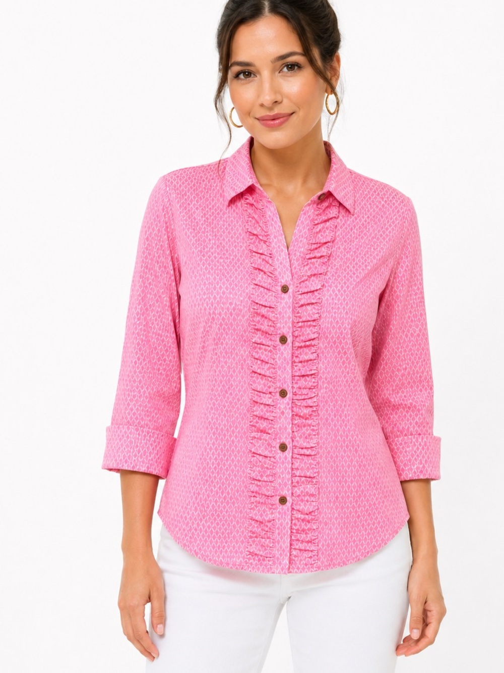 New York & Company Pink Ruffle Button-Down Shirt Size L